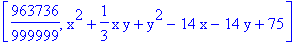 [963736/999999, x^2+1/3*x*y+y^2-14*x-14*y+75]